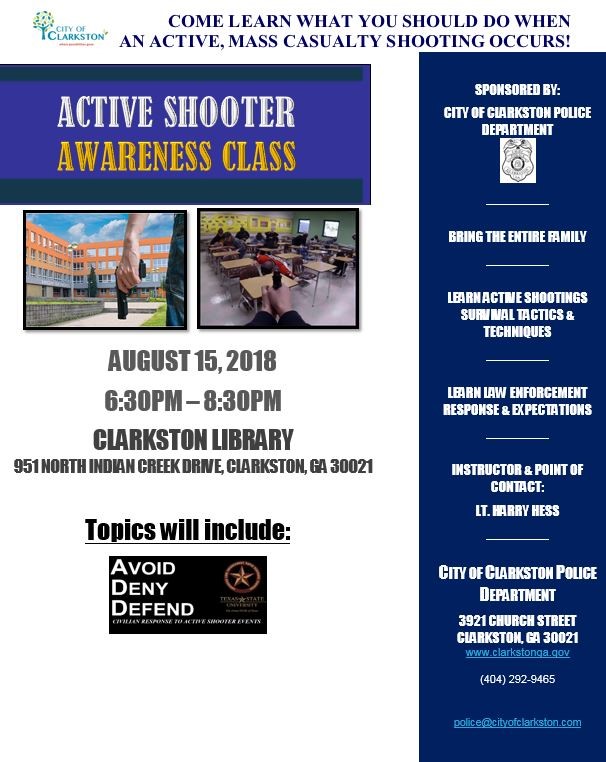 City of Clarkston Police Holds FREE Active Shooter Awareness Class 6:30-8:30 pm