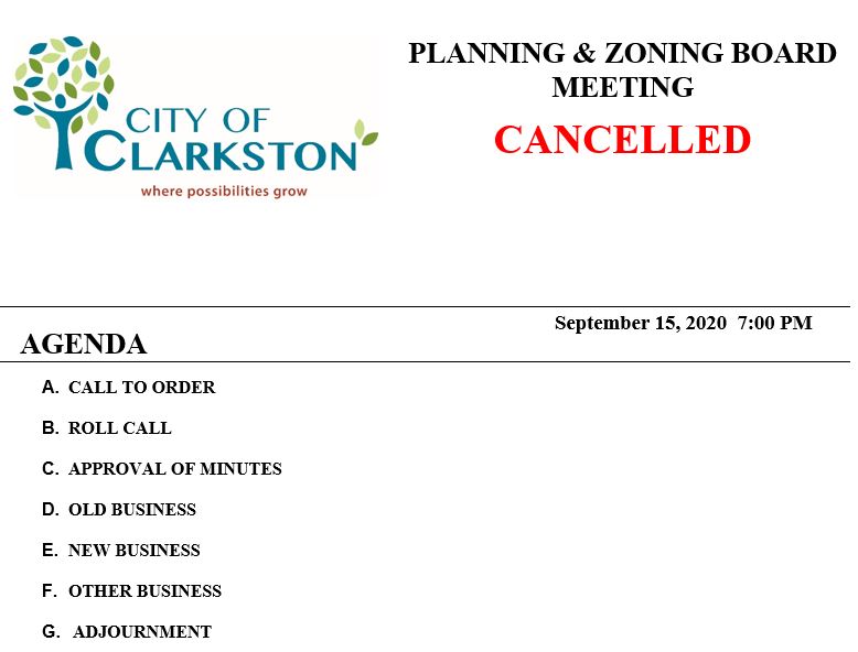 cancelled planning & Zoning meeting 9-15-2020