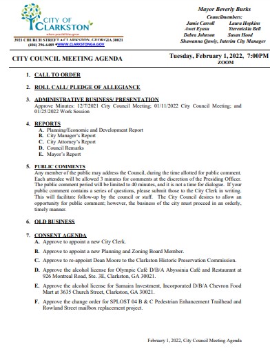 City Council Meeting February 1, 2022 7PM 