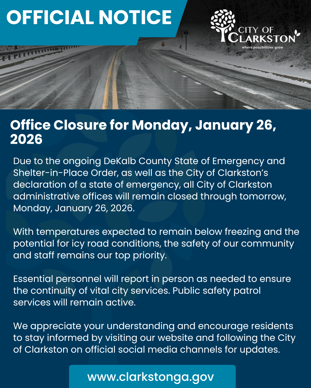 Office Closure for Monday, January 26, 2026