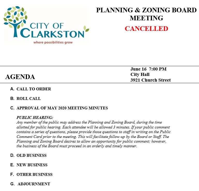 planning & zoning cancelled 6-16-2020