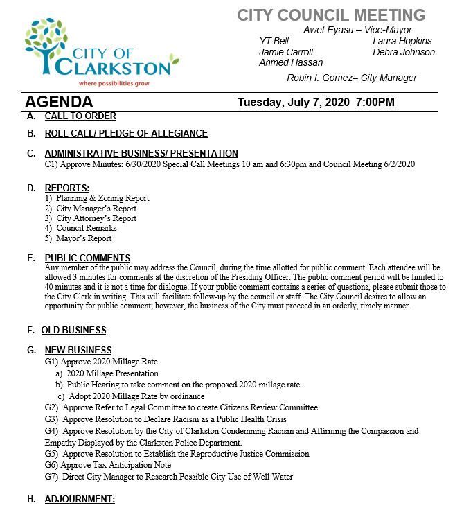council meeting agenda 7-7-2020